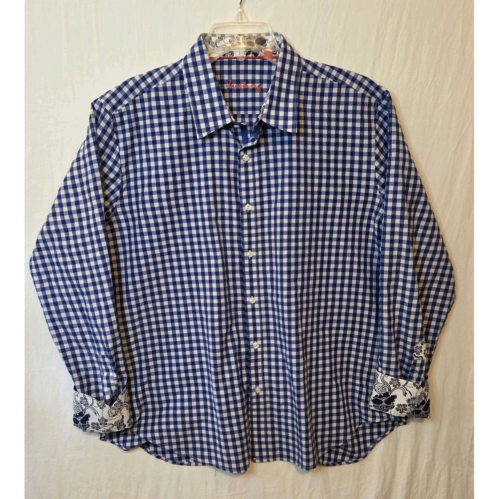 Justing Blue White Check Contrast Cuffs Men's Shirt Button Up 3XL EUC Big & Tall